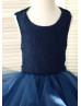 Navy Blue Lace Ruffle Tulle Ankle Length Flower Girl Dress